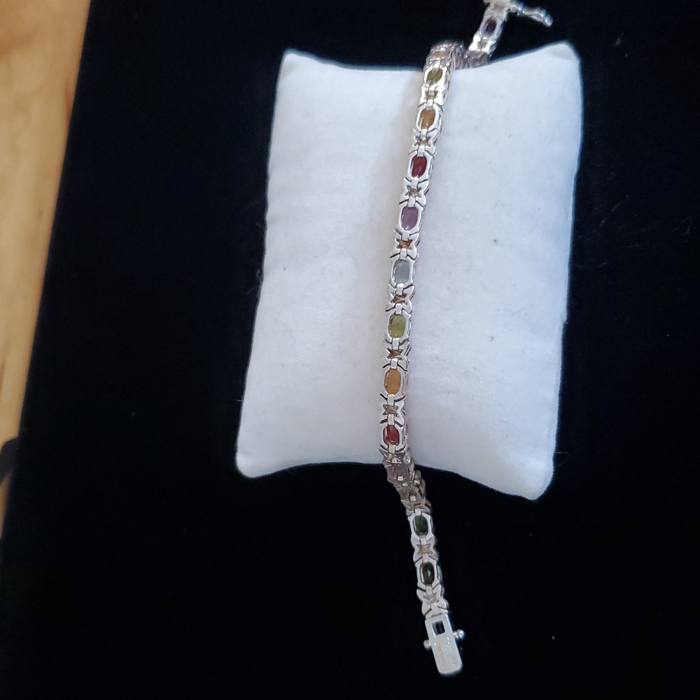 925 Sterling Silver Multi Gemstone Tennis Bracelet Overtone Vintage - Picture 13 of 15